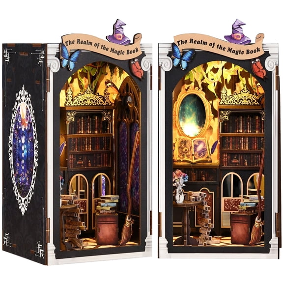 DIY Wooden Dollhouse Magic Book of Mirrors Book Nook Kit, DIY Tiny House Miniature with LED Light, Fantasy Wooden Decor Display for Adults, Tiny Homes to Live in for Bookshelf, Battery Not Included