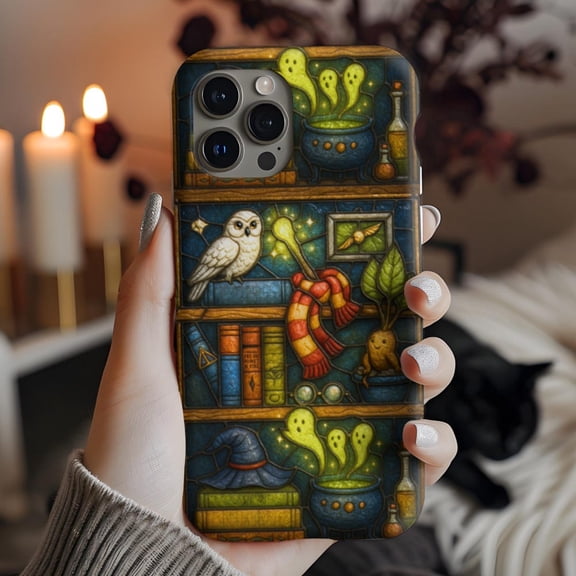 Magic Bookshelf Owl Potions Wizard Phone Case with iPhone 17 to 11 Pro Max