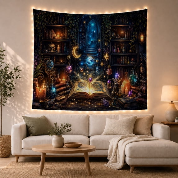 Magic Bookshelf in Sorcerer's Study, Mystical Gothic Library Decor for Book Lovers, Dark Academia Wall Art Halloween Gift Tapestry Wall Hanging for Bedroom, Living Room and Dorm