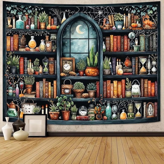 Magic Bookshelf Tapestry Gothic Witchy Potion Plant Tapestries Wall Hanging Window Moon Night Library Backdrop Small Tapestry for Bedroom Living Room Study Classroom Dorm 60 x 44 inch