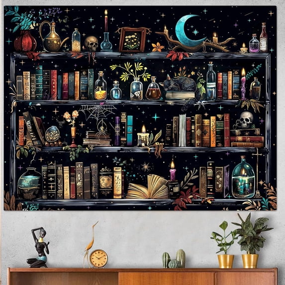 Magic Bookshelf Tapestry Magical Witchy Potion Dark Hippie Haloween Tapestries Wall Hanging Gothic Skull Black Cat Library Book Large Tapestry for Bedroom Living Room Dorm 90 x 60 inch