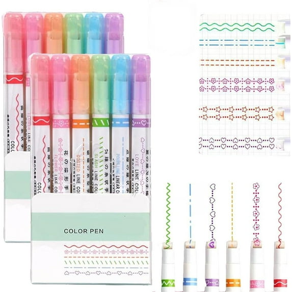 Magic Border Pen, Curve Highlighter Pens Set, Fun Pens Different Shapes, 6 Color Curve Pens Highlighters Markers, Magic Changing Color Markers