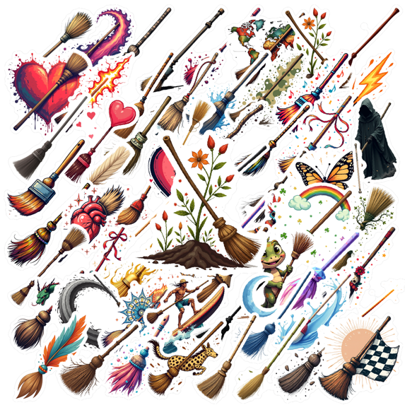 Magic Broomstick Stickers, Waterproof Halloween Sticker for Water Bottle Laptop Phone Cases Planner Skateboard Luggage Helmet Party Favor Decor, Ideal for Adults Teens Teacher Rewards