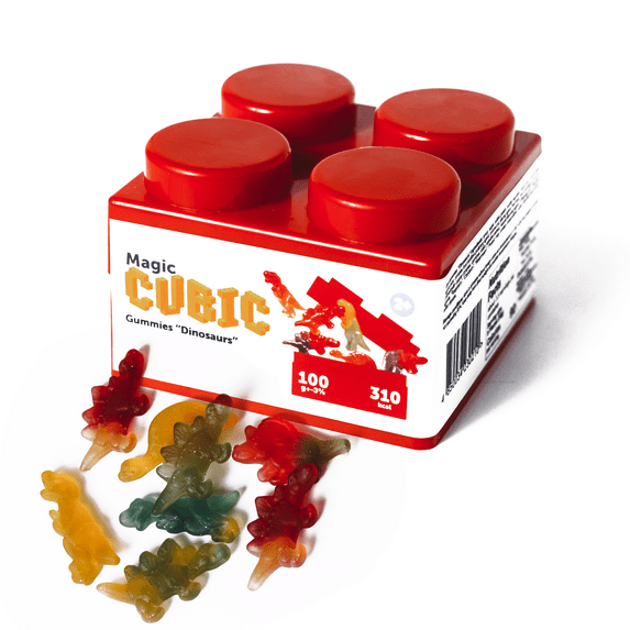 Magic CUBIC Dinosaurs Gummy Candy - Low Sugar, Gluten Free Assorted Fruit Flavors - Magic Cube Construction Toy for Creative Building - Low Carb Gummies for Kids - Bulk Candy Pack 3.5 OZ