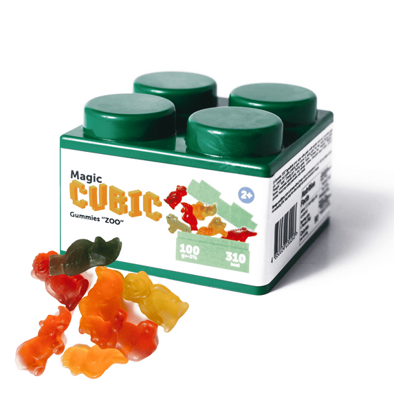 Magic CUBIC Zoo Gummy Candy - Low Sugar, Gluten Free Assorted Fruit Flavors - Magic Cube Construction Toy for Creative Building - Vegan, Low Carb Gummies for Kids - Bulk Candy Pack 3.5 OZ