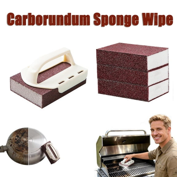 Magic Carborundum Sponge 3Pcs with 1 Handle, Heavy Duty Rust Eraser & Emery Cleaning Sponge for Pots, Pans, Sink, Grill, Oven, Stainless Steel, BBQ Grill, For Kitchen & Bathroom Scrubber Pads