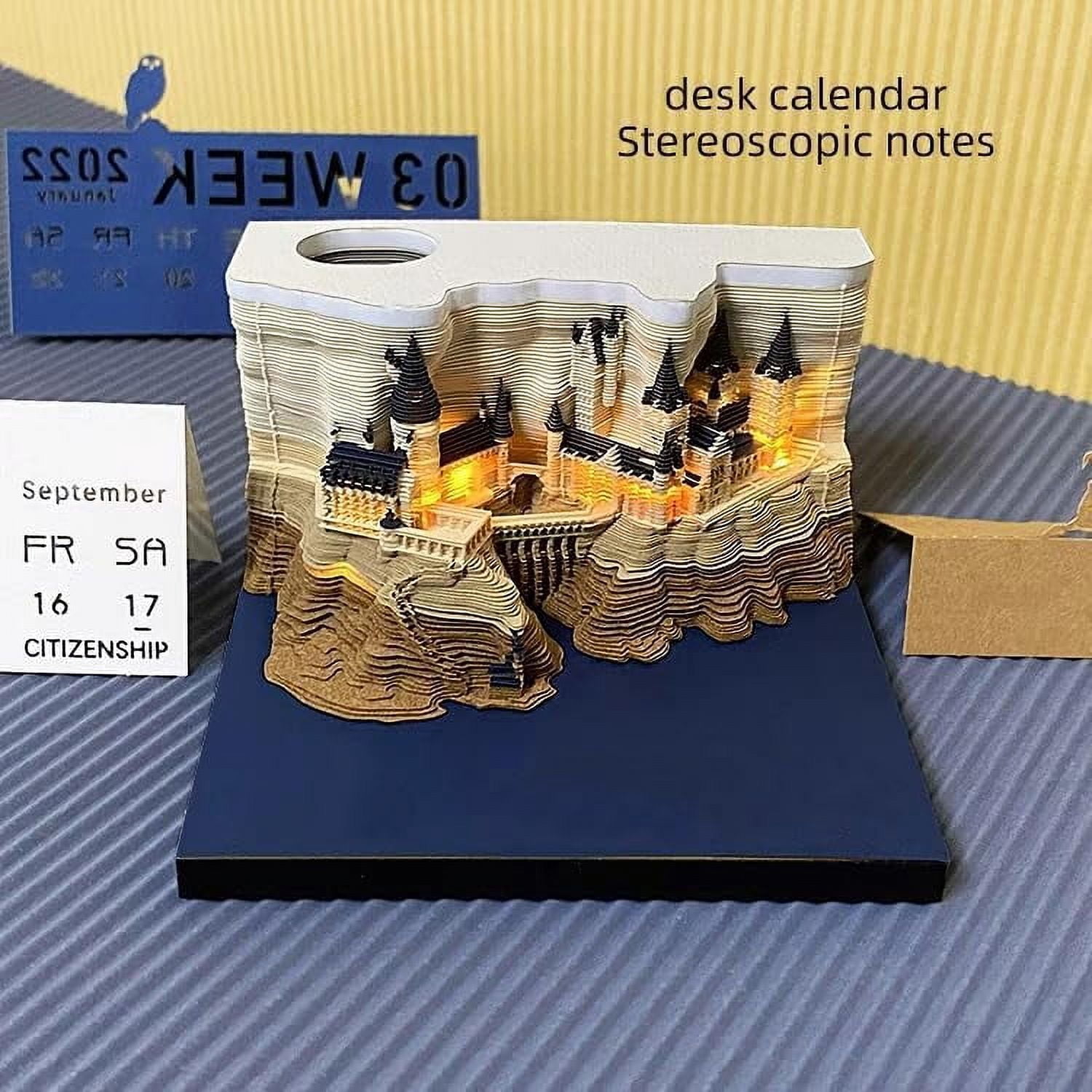 Magic Castle 3D Memo Pad, 2025 Desk Weekly Calendar 284 Sheets Carving Art Notepad DIY Sticky Post Creative Stickers Papers Card Craft with LED for Office/Reading Room/Studio Gift