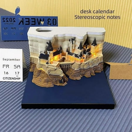 Magic Castle 3D Memo Pad, 2025 Desk Weekly Calendar 284 Sheets Carving Art Notepad DIY Sticky Post Creative Stickers Papers Card Craft with LED for Office/Reading Room/Studio Gift