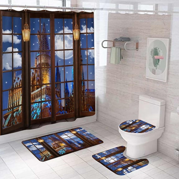 Magic Castle Shower Curtain Set 4PCS - Gothic Wizard Tower Moonlight Bath Mat, Toilet Lid Cover, U-Shaped Rug for Fantasy or Halloween Bathroom Decor