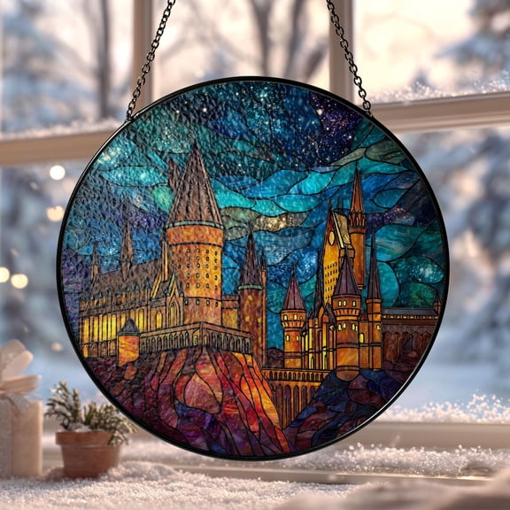 Magic Castle Stained Glass Window Hanging, Fantasy Home Decor