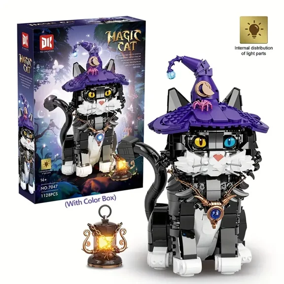 Magic Cat Building Blocks Set - 1128-Piece Enchanted Cat Model with LED Oil Lamp & Color-Changing Eyes - Unique Home Decor, Desk Display - Perfect Gift for Adults & Cat Lovers
