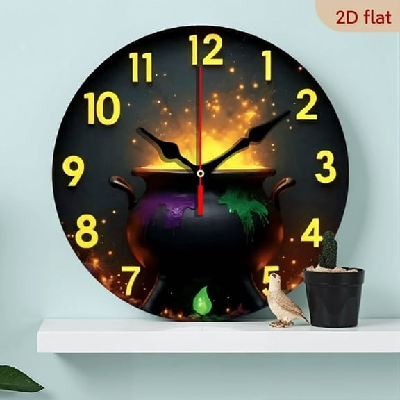 Magic Cauldron MDF Wood 10in Round Wall Clock, Silent Non-Ticking Battery Operated, Modern Home Decoration Art, Excellent Gift for Halloween Easter Christmas