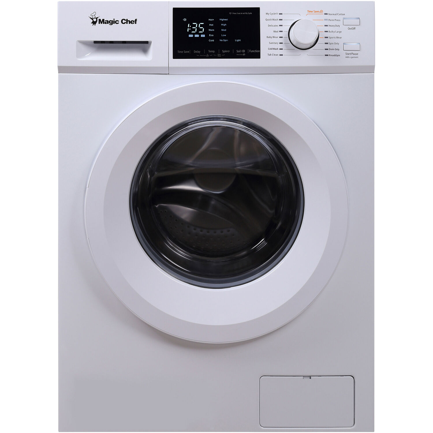 Magic Chef Brand 24 in. 2.7 Cu. ft. Front Load Washer in White MCSFLW27W, 23.4 in L x 33.5 in H x 23.4 in D, 160.9 lbs. - image 1 of 8