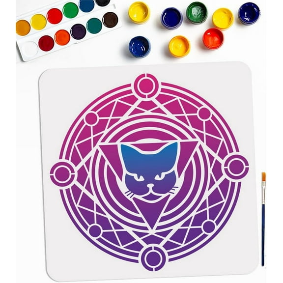 Magic Circle Cat Stencil 11.811.8inch Large Cat Head Divination Template with Paint Brush Mysterious Animal Astrolabe Stencil