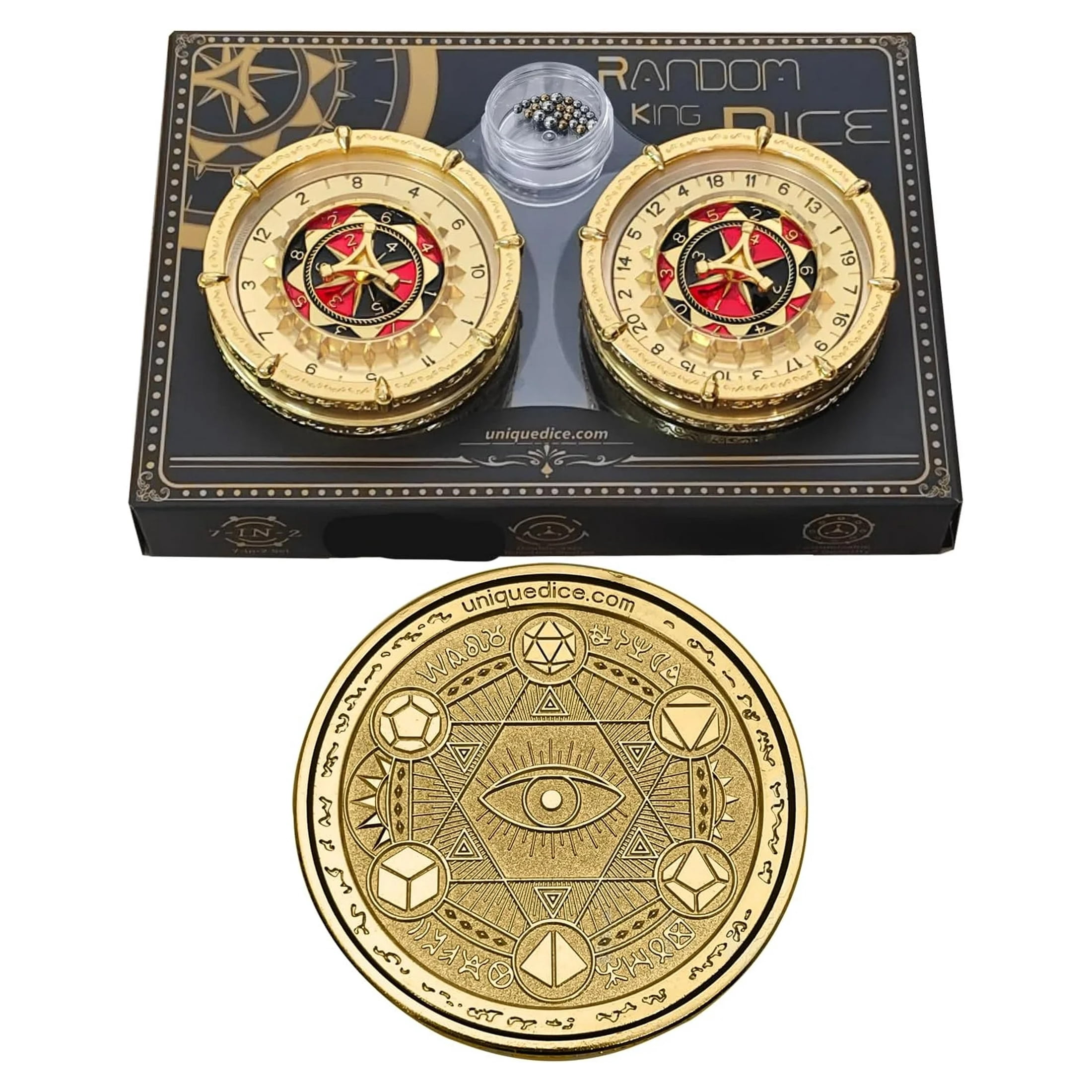 FLUEFOWL Roulette Dragon Dés Métal 7-en-1 – Spinner Pour D&D, Coffret Cadeau RPG (Or Rouge)