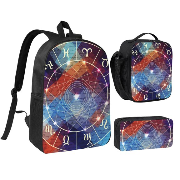 Magic Circle With Zodiacs Sign 17-inch Laptop Backpack 3-Piece Set with Insulated Lunch Bag and Accessory Pouch, Rucksack for Teens Adults