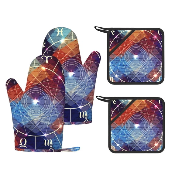 Magic Circle With Zodiacs Sign 4-Piece Silicone Oven Gloves and Pot Holders Set Hot Pads for Kitchen Cooking BBQ Baking Chefs Cooks