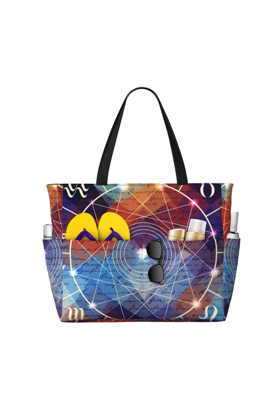 Magic Circle With Zodiacs Sign Large Capacity Beach Travel Tote Bag Shoulder Handbag for Gym Camping Shopping