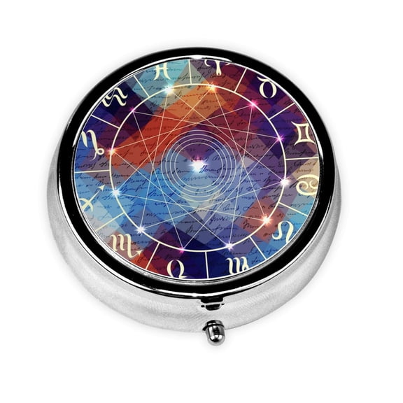 Magic Circle With Zodiacs Sign Mini Round Pill Box Portable Small Pill Case Organizer with 3 Compartments for Pocket Purse