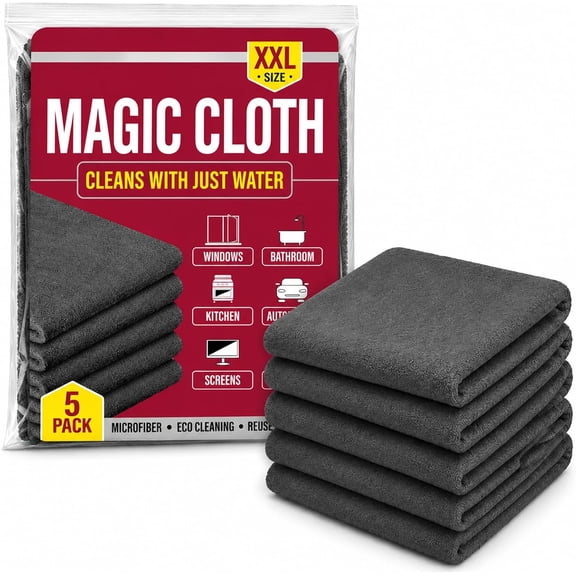 Magic Cleaning Cloth 5-Pack, Lint Free & Scratch Free Reusable Cleaning Cloths, Genie Premium Microfiber Towels for Kitchen, Glass, Car Windows, Screens & Household Cleaning