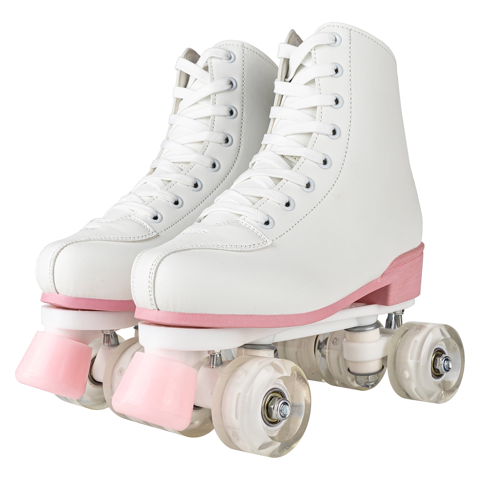Magic Co. Roller Skates for Women Girls Black Pink Roller Derby Skates Light Up Adult Double Row PU Leather Skates for Youth Adult Beginner Outdoor, White and Pink