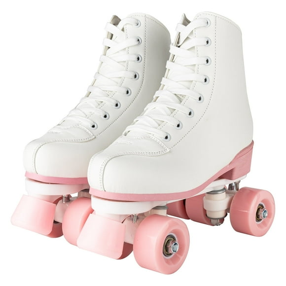 Magic Co. Roller Skates for Women Girls Black Pink Roller Derby Skates Light Up Adult Double Row PU Leather Skates for Youth Adult Beginner Outdoor, White and Pink