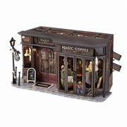 Magic Coffee Shop DIY Miniature House Kit, LED Light 3D Wooden Dollhouse, Vintage Cafe Model Decor & Gift