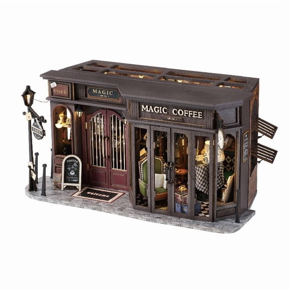 Magic Coffee Shop DIY Miniature House Kit, LED Light 3D Wooden Dollhouse, Vintage Cafe Model Decor & Gift
