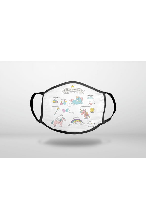 Magic Collection White - Unicorn, Rainbow - 3-Ply Reusable Soft Cloth Face Covering, Unisex, Cotton Inner Layer