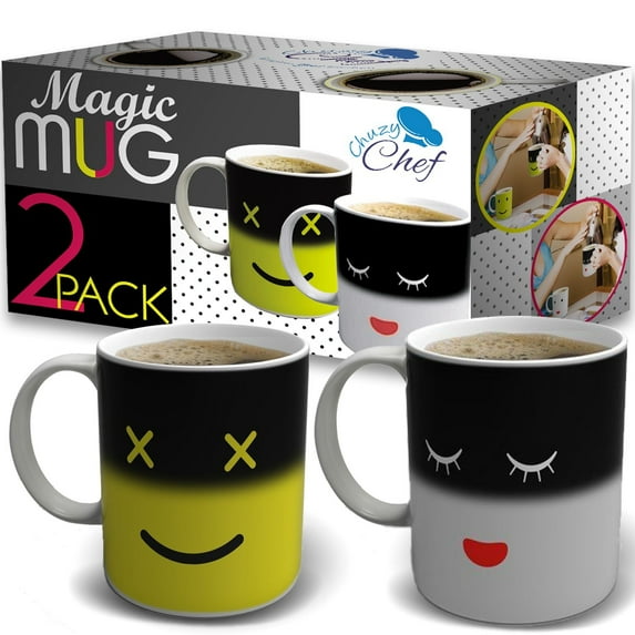 Magic Color Changing Funny Mug - 2 Pack Cool Coffee Tea Unique Heat Changing Sensitive Cup 12 oz Yellow & White Happy Face Design Drinkware Ceramic Mugs Birthday Gift Idea for Mom Dad Women & Men Set
