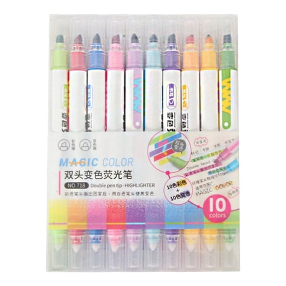 Magic Color Changing Markers, 10 Set Highlighter Pens with Dual Tips, Fluorescent Erasable Pens for office Art, Water-Based Ink for Creative Coloring, A Box of Highlighters (10Pcs)