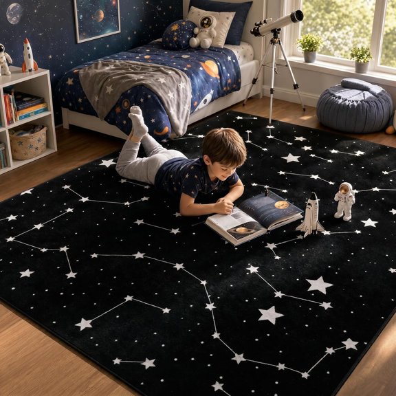 Magic Constellation Area Rug 5'x7' - Black White Space Rugs Non-Slip Sky Carpet Mat for Bedroom Dinning Dorm Living Room Decorative