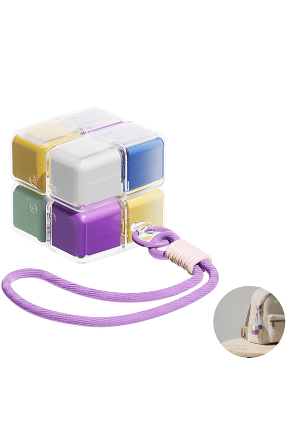Magic Cube Capsule Organizer Keychain, 8-Compartment Portable Medicine Box with Lanyard, Moisture-Proof Sealed Compartments Capsule Box, Rainbow Medicine Organizer for Travel, PC Material