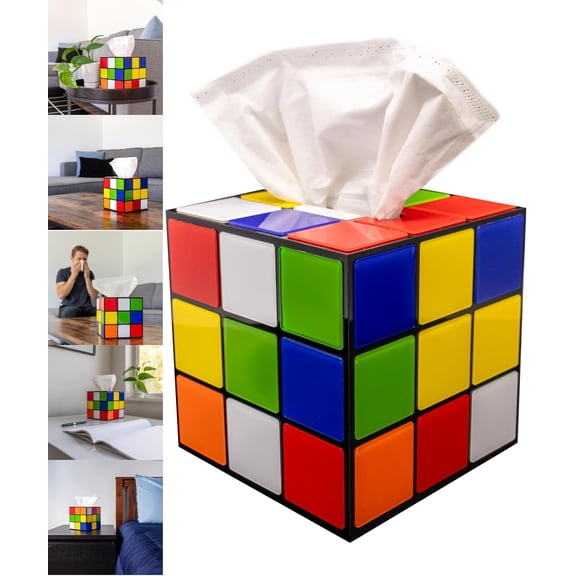 Magic Cube Tissue Box Cover | Retro Home Decor Funky Furniture Magnetic Bottom Lid Fun House 80's Funny