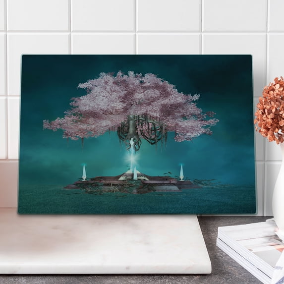 Magic Cutting Board, Blossom Plant Hanging in Air Rootless Free Plant Supernatural Image, Decorative Tempered Glass Cutting and Serving Board, Large Size, Lilac Petrol Blue, by Ambesonne