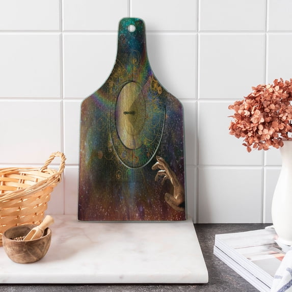 Magic Cutting Board, Double Exposure Outer Space Mixed with Earth Symbolic Eternity Details Print, Decorative Tempered Glass Cutting and Serving Board, Wine Bottle Shape, Purple Tan, by Ambesonne