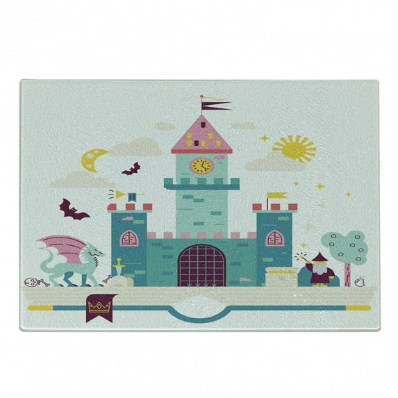 Magic Cutting Board, Kids Theme Detailed Magic Kingdom Castle Dragon Wizard Sun Moon Bats Cartoon Style, Decorative Tempered Glass Cutting and Serving Board, in 3 Sizes, by Ambesonne