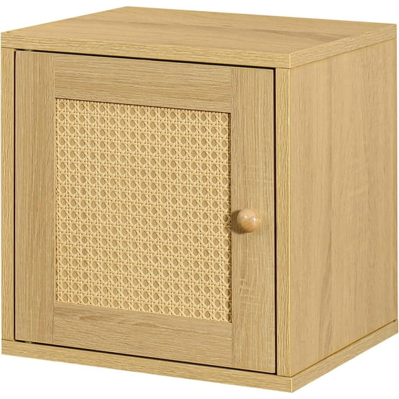 Magic DIY Cube Storage Organizer Stackable Cubes for Home Books Clothes Toy -Modular Cubby Storage System -Office Cubical -Bookcase Closet (Yellow Oak,Rattan Door Cube)