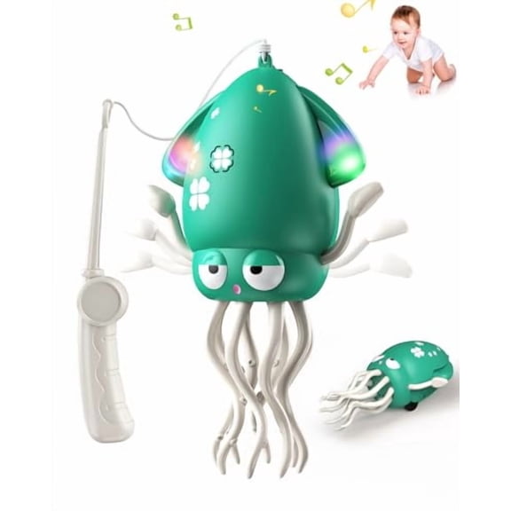 Magic Dancing Octopus Toy - Smart Obstacle-Dodging Robot with LED Light Show & Music,USB Rechargeable Tummy Time Squid Toy for Baby | Electric Crawling Octopus | Interactive Gift for Kids 3+ (Green)