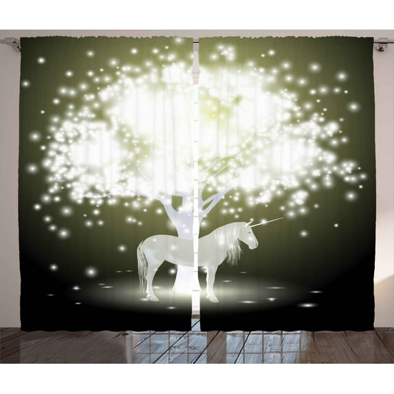 Ambesonne Magic Curtains 2 Panel Set, Unicorn Horse with Tree, 108" x 90", Yellow Hunter Grey