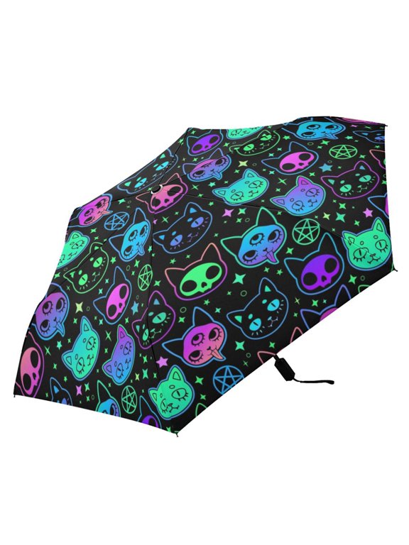 Magic Devil Cats Compact Folding Umbrella for Rain Windproof Travel Umbrella UPF 50+ Lightweight Packable Arc Size