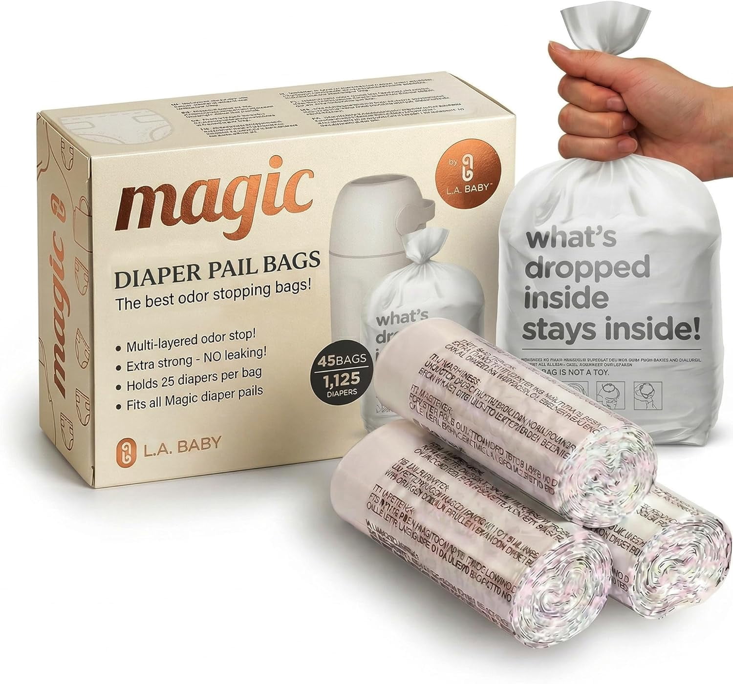 Magic Diaper Bags - Diaper Pail Refill Bags 45 Count - Multi-Layer 100% Odor-Free Disposable Diaper Bag - Holds 1125 Diapers - Extra Strong No Leak