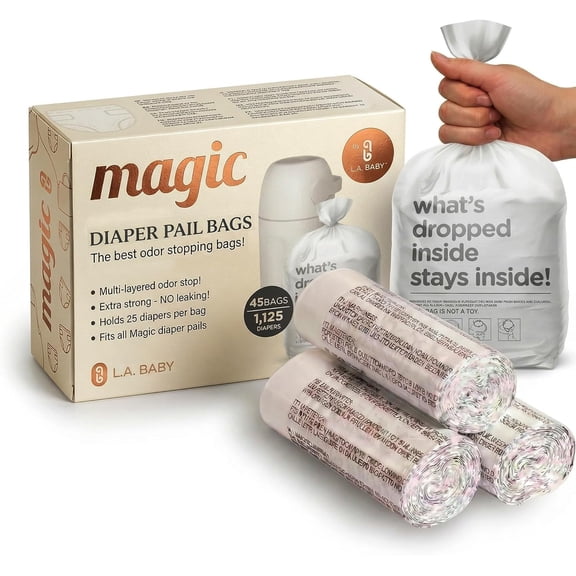 Magic Diaper Bags - Diaper Pail Refill Bags 45 Count - Multi-Layer 100% Odor-Free Disposable Diaper Bag - Holds 1125 Diapers - Extra Strong No Leak