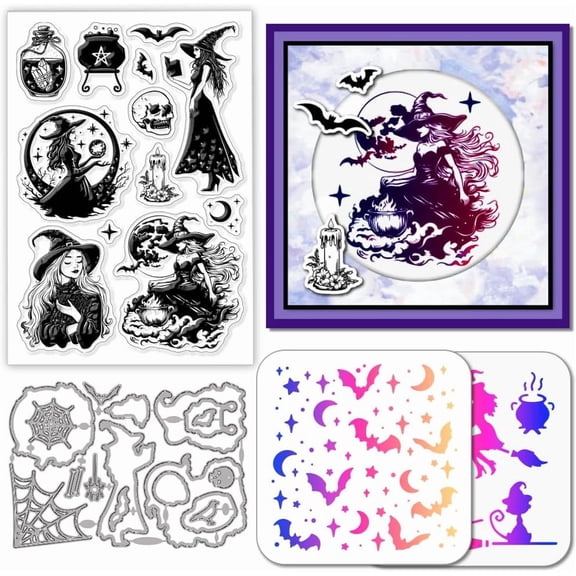 Magic Divination Clear Stamp Candles Cutting Die Moon Paint Craft Stencils for Witches Festival Card Making Scrapbooking Craft DIY Embossing Multi-color