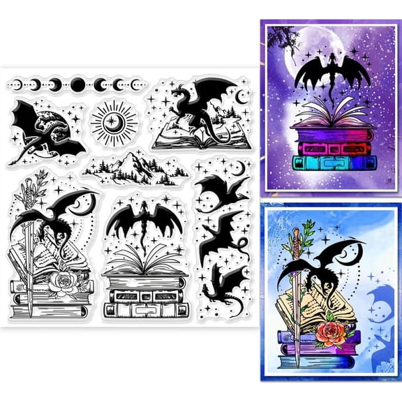 Magic Dragon and Book Clear Stamps for Cards Making Dinosaur Silicone Stamp Seals Transparent Stamps for DIY Scrapbooking Photo Album Journal Home Decoration White