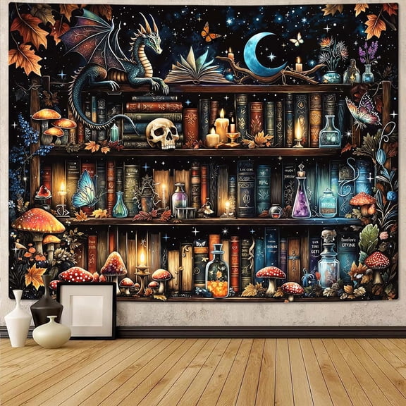 Magic Dragon Bookshelf Tapestry Gothic Witchy Mushroom Skull Library Tapestries Wall Hanging Fantasy Medieval Dark Academia Book Large Tapestry for Bedroom Living Room Dorm 80 x 60 inch
