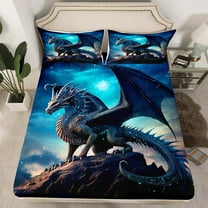 Magic Dragon Twin Fitted Sheet Magical Dinosaur Sheets Bed, 3D Pterosaur Bed Sheets Blue Galaxy Bed Cover, Starry Sky Bed Set for All Seasons 2pcs (Deep Pocket)