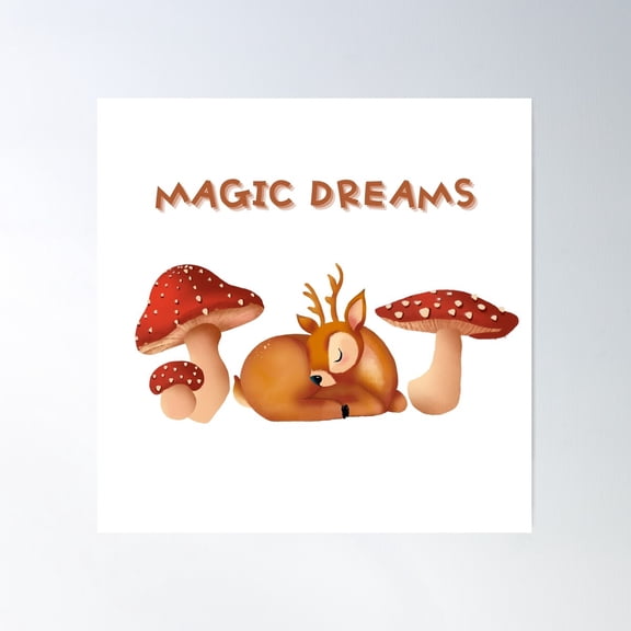 Magic Dreams Woodland Forest Reindeer Mushroom Design Poster Wall Art, Modern Wall Decor For Living Room Bedroom, 17x17 UNFRAMED