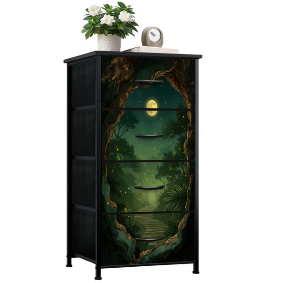 Magic Dresser for Bedroom with 4 Storage Drawers Forest Path Cave Fireflies Green Trees Fantasy Night Landscape Dressers Chest of Drawers Steel Framed Fabric Closet Organizers for Dorm Entryway