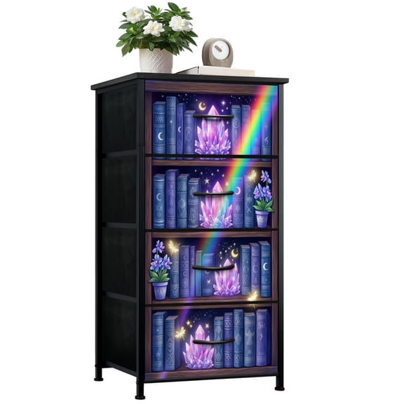 Magic Dresser for Bedroom with 4 Storage Drawers Magical Crystal Bookshelf Moon Books Rainbow Light Glowing Fantasy Dressers Chest of Drawers Steel Framed Fabric Closet Organizers for Dorm Entryway